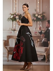  Corte A Hasta el Tobillo Vestido Invitada Boda Vestido formal Vestido de noche Trajes de gala Elegante Sin Mangas Sin Tirantes Fiesta de baile Formal Satén Rayado con Estampado flor