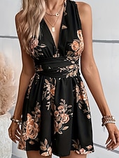 cheap Floral Dress-Women's Mini Dress A Line Dress Halter Dress Vacation Casual Outdoor Going out Regular Fit Floral Sleeveless V Neck Black Wine Navy Blue Dark Green Summer Spring