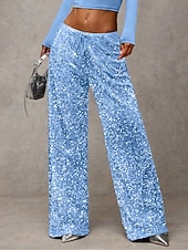 baratos perna larga e cintura alta-Mulheres Calças Calça casual Reto Moda Roupa de rua Básico Comprimento total Cintura Alta Tecido Paetês Bolsos Cintura elástica Confortável Micro-Elástica Diário Férias Festa Preto Azul Marinha Azul
