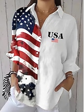  Amerikanischer Unabhängigkeitstag Damen Hemd Gerafft Blumen Grafik Flagge Vintage Stilvoll Langarm Flattrige Ärmel Glockenärmel Hemdkragen Normale Oberteile Täglich Arbeit Ferien Blau Schwarz Wei