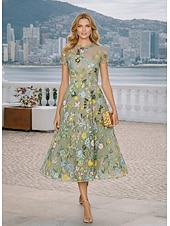 cheap Tea Length-A-Line Tea Length Cocktail Dresses Elegant Floral Short Sleeve Crew Neck Garden Party Wedding Lace with 3D Flowers Embroidery Appliques