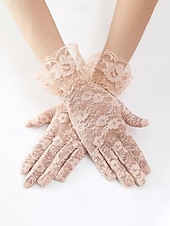 baratos Casamento ACC-Luvas femininas de poliéster com renda, design floral elegante e transparente, macias e leves, estilo clássico vintage em diversas cores, ideais para noivas, casamentos, festas noturnas, formaturas e eventos formais.