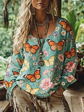economico Tops Boho-Per donna Maglietta bohémien Maglietta Stampato Floreale Vintage Etnico Casual Manica Lunga Scollo a V Top Regolari Quotidiano Weekend Abbigliamento da vacanza Blu Primavera Autunno