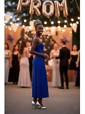 cheap Long Dresses &amp; Gowns-Sheath Column Tea Length Prom Dress Wedding Guest Dress Evening Gown Prom Dresses Elegant Sleeveless Spaghetti Strap Prom Formal Stretch Crepe Backless with Slit Solid Color
