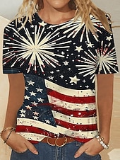  Uavhengighetsdag Patriotisk Dame T-skjorte Trykk Grafikk Flag Motebasert Klassisk Casual Kortermet Crew Neck Rund Hals Regulære Topp Daglig Blå Marineblå Rød  Blå Sommer Vår