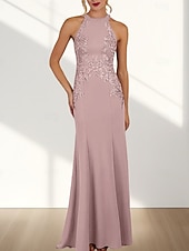 Χαμηλού Κόστους Φορέματα Παρανύμφων-Φόρεμα Μπλάκ/Τραμπέτα για Νυφική Υποβοηθό με Λαιμόκοψη Crew  Χάλτερ Αμάνικο Ελιγμένο Ρίγες  Υποστήριξη Τρένου Τσόφρο με Εφαρμογές