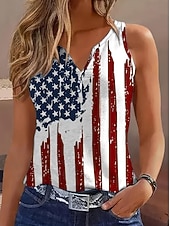 זול יום העצמאות טופ-חולצת כבייה של יום העצמאות חולצת טי לנשים דגל אופנתי קלאסי ללא שרוולים צוואר V צוואר מתוח regular טופים יומיים כפתורי הדפסה כחול קיץ אביב