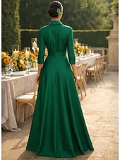 abordables Largo del piso-Corte A Hasta el Suelo Vestido de Camisa Vestido Invitada Boda Vestido formal Vestido de Madrina Manga 3/4 Cuello Camisero Elegante Boda Formal Tafetán Satén elástico con Abertura