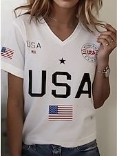 baratos Dia da Independência Top-Dia da Independência Camiseta Feminina Patriótica Impressão Gráfica Bandeira Americana Vintage Estilosa Clássica Manga Curta Decote em V Tops Regulares Diário Branco-Azul Branco Vermelho  Azul Verão