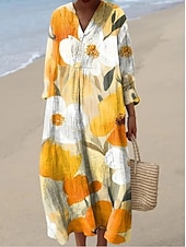 cheap Boho Dress-Women's Maxi Dress Shift Dress Vacation Casual Going out Loose Fit Floral Graphic Long Sleeve V Neck Blue Yellow Orange Light Blue-White Summer Spring