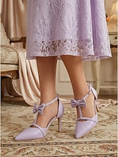 abordables novia-Zapatos de tacón de aguja altos, cómodos y de estilo vintage de los años 50 con tira en T, lazo en el tobillo y color lavanda para mujer. Ideales para bodas y eventos formales de noche.