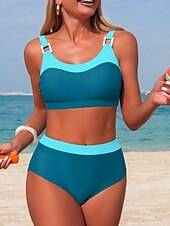 preiswerte Bikini-Sets-Damen Badeanzug Bikini Zweiteilig Slips Bademode Bauchkontrolle Hohe Taille Schlank Rückenfrei Urlaub Strandbekleidung Farbblock U-Ausschnitt Ärmellos Badeanzüge