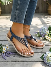 baratos Sandálias Confortáveis-Sandálias femininas de dedo com tiras e palmilha acolchoada, sandálias rasteiras com tira elástica no calcanhar, estilo casual e confortável para o verão, ideais para caminhadas, férias, praia e