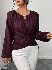 cheap Plain Blouses-Women's Blouse Ruched Plain Elegant Stylish Basic Long Sleeve Crew Neck Regular Tops Daily Streetwear Black Pink Wine Green Khaki Spring Fall
