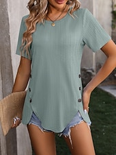 economico Bluse Semplici-Per donna Blusa Bottoni Tinta unica Elegante Casual Manica Corta Girocollo Top Regolari Quotidiano Verde salvia Nero Bianco Viola Fucsia Estate Primavera