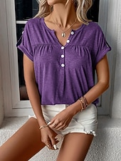 economico T-shirt semplice-Per donna Maglietta Bottoni Semplice Moda Elegante Classico Manica Corta Scollo a V Top lunghi Quotidiano Uscire Weekend Blu Nero Viola Verde Caffè Estate Primavera