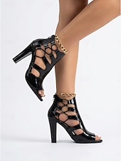economico Donne-sandali con tacco da donna in similpelle verniciata nera - scarpe da festival musicali audaci con tacco a blocco spesso per Coachella e rave &amp;concerti estivi all'aperto