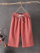 cheap Wide Leg &amp; High Waisted-Women's Cotton Capri Pants Casual Pants Summer Shorts Vacation Fashion Streetwear Calf-Length High Waist Plain Drawstring Pocket Elastic Waist Comfort Comfortable Inelastic Daily Vacation Street