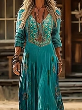 tanie Etniczna sukienka boho-Damskie Sukienka midi Sukienka Boho Zabytkowa sukienka Codzienne sukienki Moda Klasyczny Nowoczesny Codzienny Na zewnątrz Urlop Regularny Kwiaty Długi rękaw W serek Niebieski Czerwony Granatowy