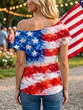  250º Aniversario de EE. UU. Retro Antiguo Años 80 T-Shirt Un Hombro Mangas cortas Bandera de USA Disfraz Mujer 4 de julio Día de la Independencia Adulto Camiseta