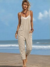 お買い得  バケーションジャンプスーツ-女性用 標準 ジャンプスーツ 活発的 純色 ノースリーブ Ｖネック ポケット 日常 ビーチ ルーズフィット ブラック ワイン パープル 夏