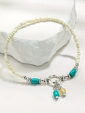 baratos Pulseira Feminina-Pulseira de tornozelo feminina estilo boêmio com miçangas coloridas de resina e pingente charmoso. Leve e prática, ideal para usar no dia a dia, em férias, resorts e no verão.