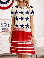  Abito MIDI Donna Patriottico Americana Festa dell'Indipendenza Abito Shift Maglietta Abito Casual Formale Esterno Festa Fit Standard Floreale Astratto Stelle e Strisce Maniche Corte