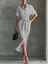 cheap Plain Dress-Women's Midi Dress A Line Dress Summer Dress Vacation Casual Regular Fit Plain Short Sleeve V Neck Blue Pink Red Green Summer Spring