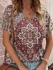 billige Boho t-skjorte-Dame T skjorte Trykt mønster Grafisk Geometrisk Paisly Årgang Stilfull Fritid Kortermet V-hals Vanlige topper Daglig Helg Ferieklær Blå Gul Vin Brun Sommer Vår