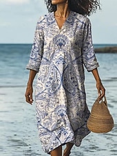 preiswerte Urlaubs Boho Kleid-Damen Midikleid Freizeitkleid Elegant Mode Modern Outdoor Strand Urlaub Normale Passform Grafik Halbarm V Ausschnitt Blau Sommer Frühling