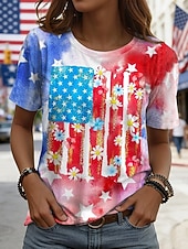  Amerykański Dzień Niepodległości Damskie Podkoszulek Nadruk Graficzny Flaga Elegancki Klasyczny Codzienny Krótki rękaw Półgolf Okrągły dekolt Zwykłe topy Codzienny Niebieski Czerwony Fioletowy