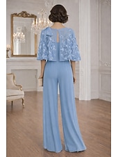 cheap Mom's Jumpsuits-Sheath Column Jumpsuit Pantsuit Floor Length Mother of the Bride Dress Half Sleeve Crew Neck Elegant Simple Casual Formal Wedding Guest Wedding Party Chiffon Shawls with 3D Flowers Beading Appliques