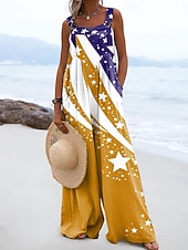 preiswerte Unabhängigkeitstag Hosen-Unabhängigkeitstag Patriotic Damen Latzhose Aktiv Grafik Ärmellos Weite Beinform Quadratischer Ausschnitt Taschen Knöpfe Alltag Strand Lockere Passform Gelb Rot Lila Sommer