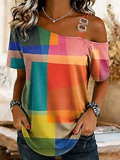 halpa Raidallinen ja geometrinen t-paita-Naisten T-paita Painettu Kuvitettu Geometrinen Vintage Trooppinen Havaijilainen Lyhythihainen Olkaimeton Epäsymmetrinen kaula Tavalliset topit Päivittäin Urheilu Bile Sininen Musta Punastuvan