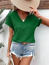 baratos Camiseta lisa-Mulheres Camiseta T-shirt Côr Sólida Moda à moda Clássico Manga Curta Decote V Tops regulares Diário Para Noite Final de semana Rosa Verde Tropa Vermelho Marron Verde Verão Primavera