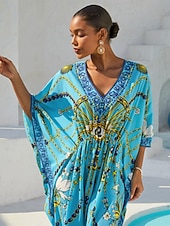 economico abito casual stampato-caftano da vacanza in chiffon con gioielli vintage