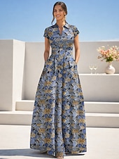 cheap Floor Length-A-Line Floor Length Wedding Guest Dress Formal Dresses Evening Gown Mother of the Bride Dress Short Sleeve V Neck Elegant Vintage Wedding Formal Nylon with Slit Pocket