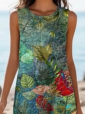  Women's Midi Dress Faux Cotton Linen Shift Dress Sundress Casual Dress Vintage Daily Outdoor Vacation Regular Fit Floral Sleeveless Crew Neck Green Summer Spring