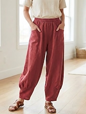 preiswerte Premium-Leinen-Kollektion-Damen-Leinenhose aus 70 % Leinen, weites Bein, Chino-Stil, Sommerhose, Urlaubshose, Streetwear, Basic, lange Länge, mittlere Bundhöhe, schlicht, Tasche, elastischer Bund, bequem, komfortabel, nicht elastisch, für Alltag, Outdoor, Straße, Bordeauxrot, Azur