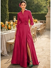 abordables Largo del piso-Corte A Hasta el Suelo Vestido de Camisa Vestido Invitada Boda Vestido formal Vestido de Madrina Manga 3/4 Cuello Camisero Elegante Boda Formal Tafetán Satén elástico con Abertura