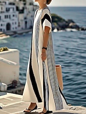 cheap Stripe&amp;Geometric Dress-Women's Maxi Dress T Shirt Dress Tee Dress Shift Dress Vacation Casual Outdoor Going out Loose Fit Stripe Short Sleeve Crewneck Blue Black Brown Dark Purple Summer Spring