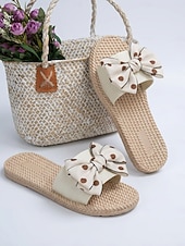 voordelige Vrouwen-Dames slippers met stippen en strik, met gevlochten touwzool – schattige instapschoenen voor strandvakanties, zomervakanties en bij het zwembad.
