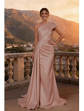 cheap Ball Gown Evening Dresses-Mermaid Trumpet Sweep Brush Train Floor Length Formal Dresses Evening Gown Overskirt Dress Evening Gown Ball Gown with Overskirt Formal Dress Elegant Sleeveless One Shoulder Formal Satin with Ruched