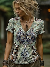 preiswerte Boho-T-Shirt-Damen T Shirt Druck Grafik Paisley-Muster Pflanzen Bohemien Vintage Stilvoll Kurzarm V Ausschnitt Lange Oberteile Täglich Ausgehen Wochenende Blau Schwarz Marineblau Braun Grün Sommer Frühling