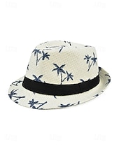 abordables Accesorios de vacaciones-Sombrero fedora de paja para hombre con estampado de palmeras, ligero y transpirable, tejido para verano, disponible en varios colores, estilo informal de resort para vacaciones en la playa en primavera y uso diario.