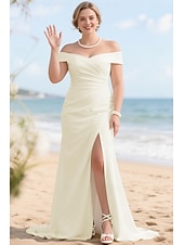 cheap Wedding Dresses-Wedding Dresses A-Line Off Shoulder Short Sleeve Sweep Brush Train Stretch Fabric Bridal Gowns With Ruched Solid Color