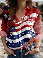  Αμερικανική Ημέρα Ανεξαρτησίας Γυναικεία Μπλούζα Κουμπιά Τύπωμα Γραφικό Σημαία Αμερικανική Επέτειος Vintage Στυλάτη Σύγχρονη Μακρύ Μανίκι Κολάρο Κανονικά Κορυφαίες Καθημερινές Κοραλί Κόκκινο Μαύρο