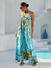 abordables vestido casual estampado-Vestido largo de tirantes de satén sedoso con joyas vintage