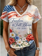  Giorno dell'Indipendenza Americana Per donna Maglietta Stampato Grafico Bandiera Bandiera Americana Vintage Elegante Classico Manica Corta Scollo a V Top Regolari Quotidiano Indaco Bianco Blu marino