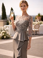 cheap Floor Length-Mermaid Trumpet Floor Length Wedding Guest Dress Formal Dresses Evening Gown Mother of the Bride Dress 3/4 Length Sleeve Half Sleeve Illusion Neck Jewel Neck Elegant Vintage Party Formal Wedding